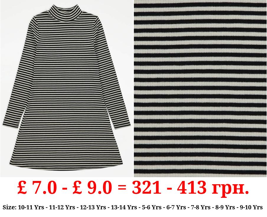 Black Ribbed Striped Roll Neck Dress