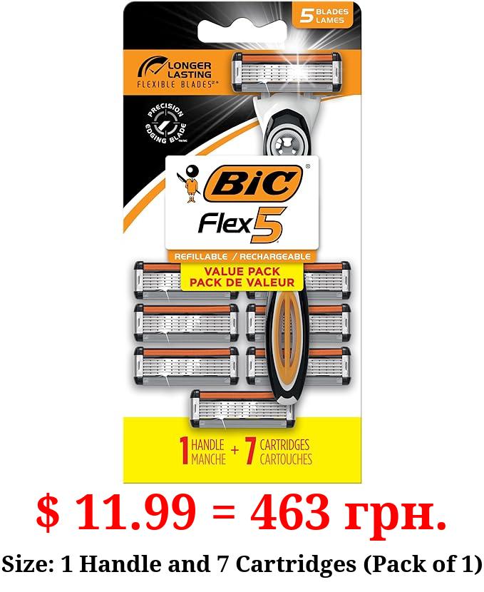 BIC Flex 5 Refillable Razors for Men, Long-Lasting 5 Blade Razors for a Smooth and Comfortable Shave, 1 Handle and 7 Cartridges, 8 Piece Shaving Kit