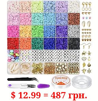 Gionlion 6000 Pcs Clay Beads for Bracelet Making, 24 Colors Flat Round Polymer Clay Beads 6mm Spacer Heishi Beads with Charms and Elastic Strings for Jewelry Making Kit Preppy Bracelets