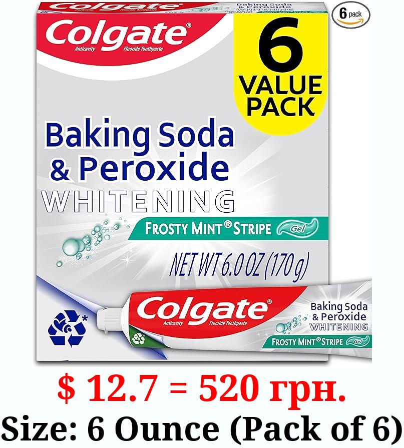 Colgate Baking Soda and Peroxide Toothpaste Gel, Whitening Baking Soda Toothpaste, Frosty Mint Flavor, Whitens Teeth, Fights Cavities and Removes Surface Stains for Whiter Teeth, 6 Pack, 6 Oz Tubes