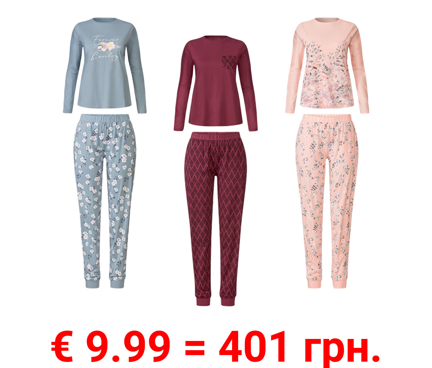 esmara® Damen Pyjama lang, aus reiner Baumwolle