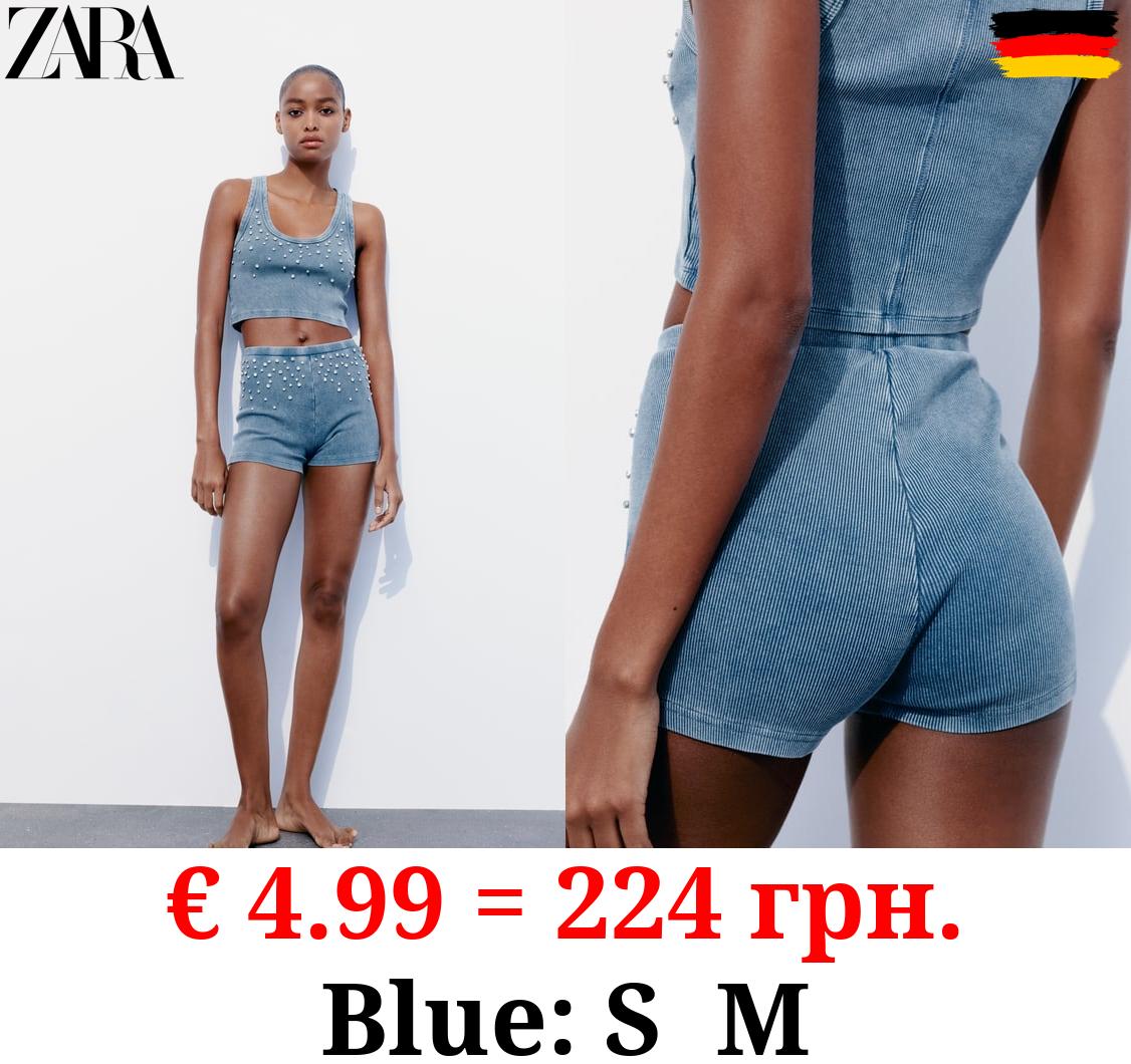 RIBBED FADED SHORTS WITH RHINESTONES