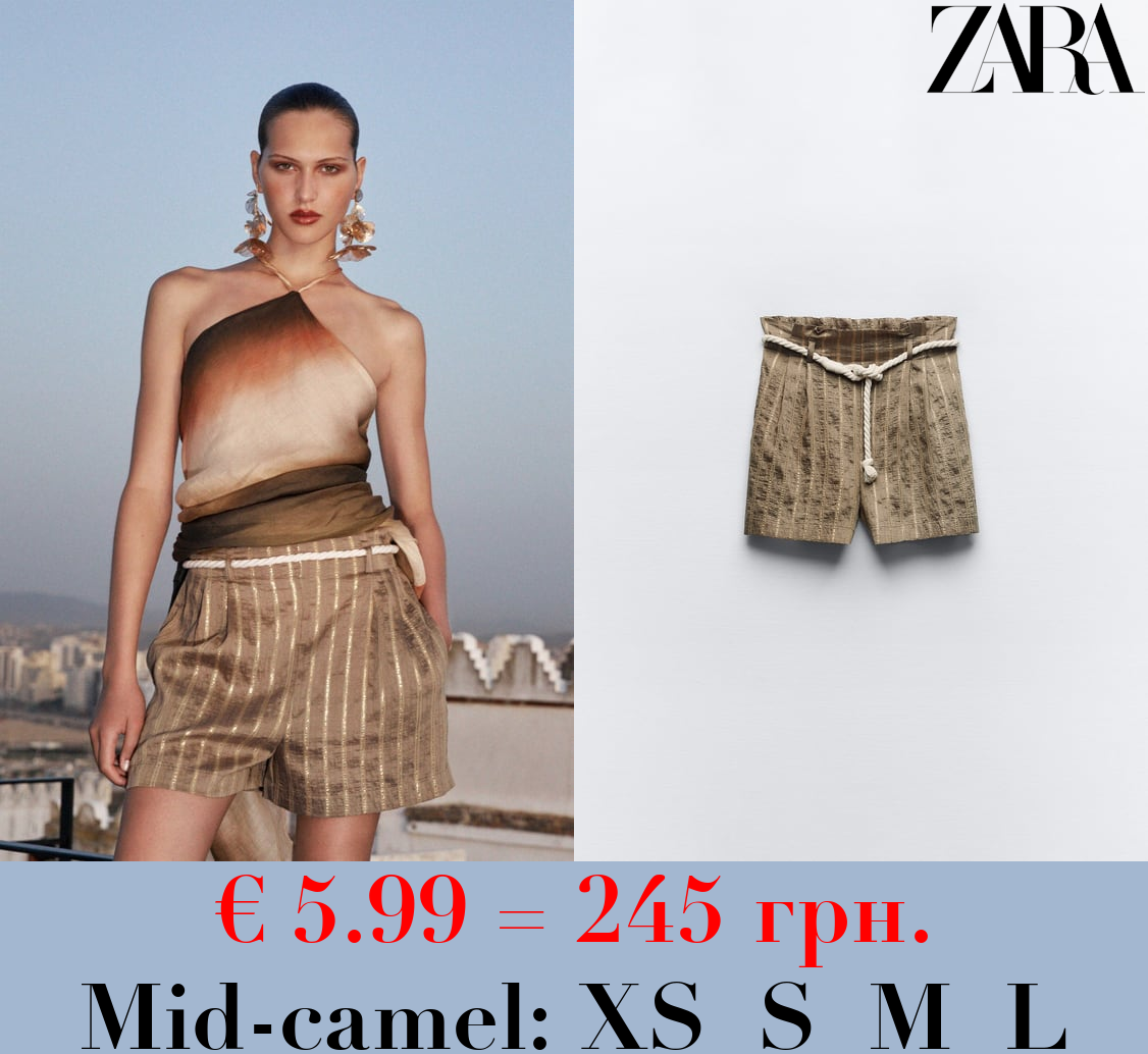 STRIPED PAPERBAG BERMUDA SHORTS WITH METALLIC THREAD