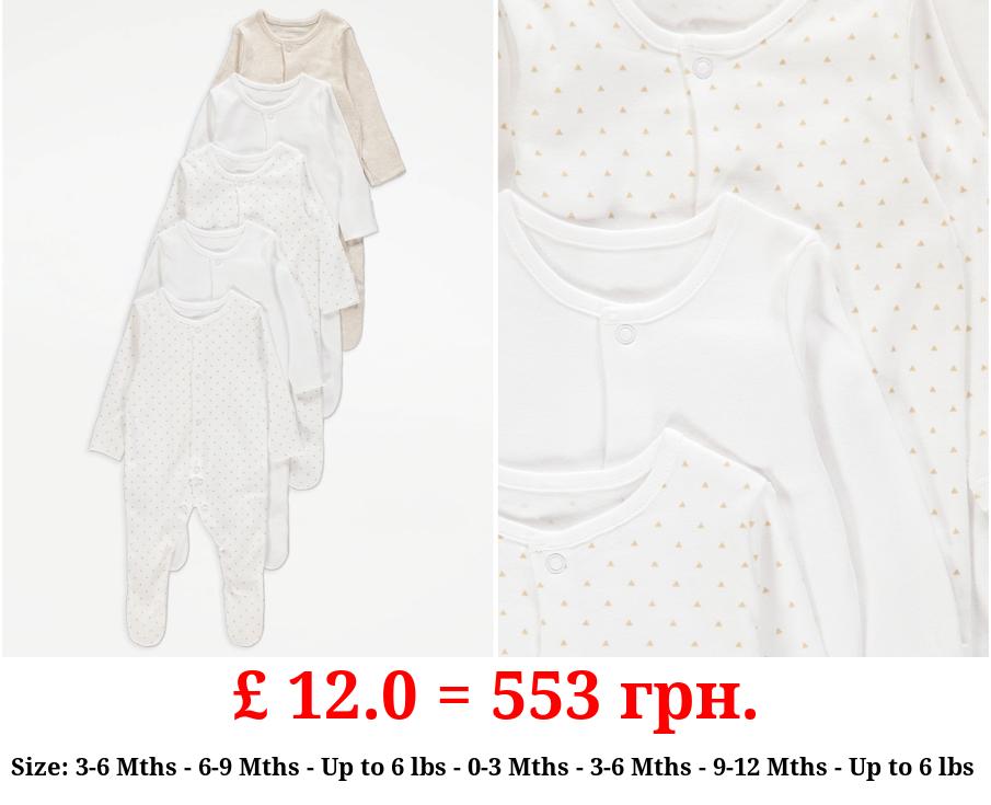 Unisex Neutral Triangle Print Long Sleeve Sleepsuits 5 Pack
