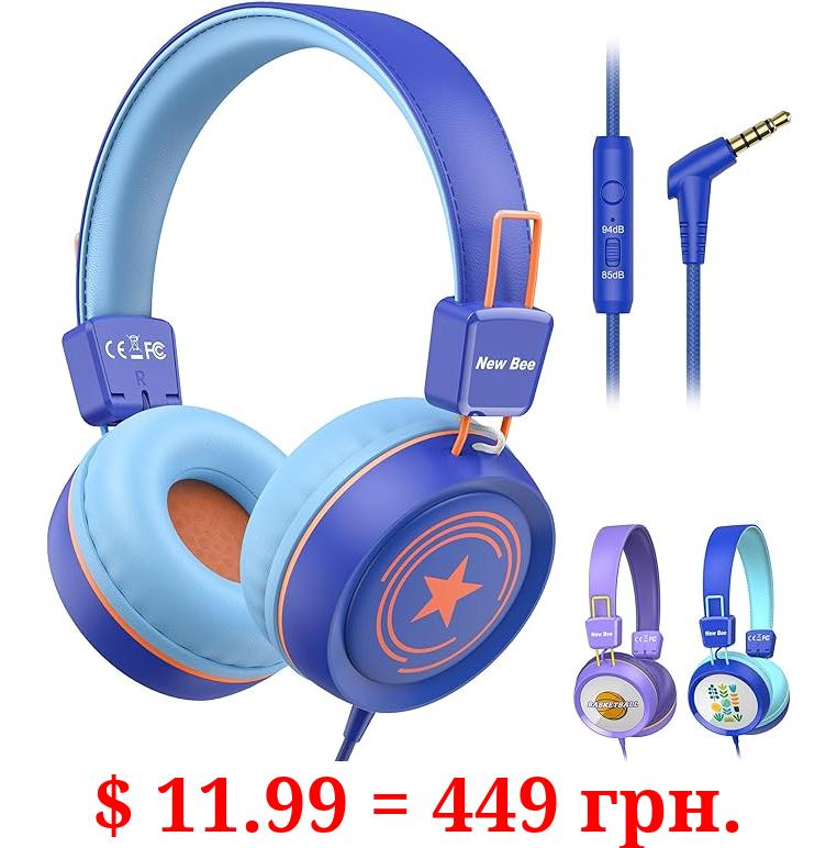 New bee Kids Headphones for School with Microphone KH20 HD Stereo Safe Volume Limited 85dB/94dB Foldable Lightweight On-Ear Headphone for PC/Mac/Android/Kindle/Tablet/Pad(Royal Blue)