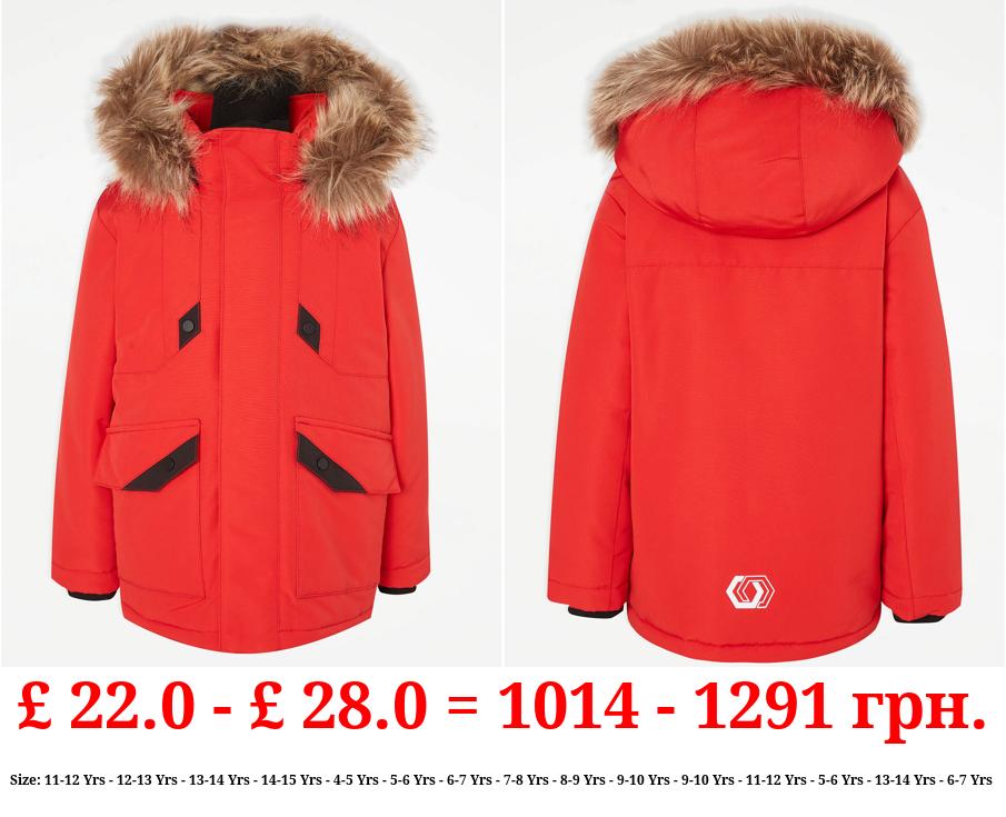 Red Faux Fur Trim Parka Coat