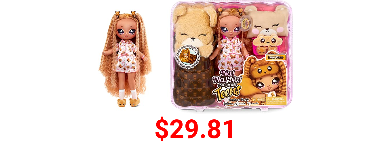 Na Na Na Surprise Teens Slumber Party Soft Fabric Fashion Doll Playset Lara Vonn 11", Brunette Hair, Teddy Bear Inspired Pajamas & Accessories, Gift for Kids, Toy for Girls & Boys Ages 5 6 7 8+ Years