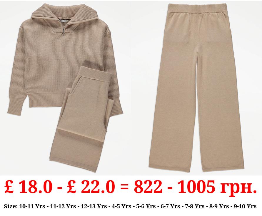 Stone Knitted Quarter Zip Sweatshirt and Trousers Outfit