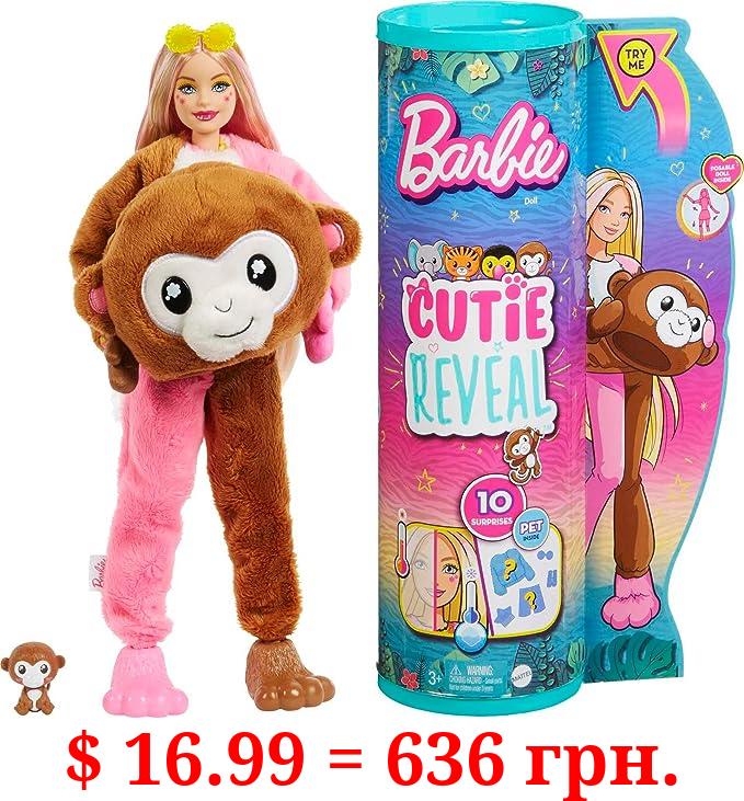 Barbie Cutie Reveal Fashion Doll, Jungle Series Monkey Plush Costume, 10 Surprises Including Mini Pet & Color Change