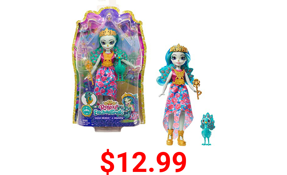 Royal Enchantimals Queen Paradise Doll (8-in) & Rainbow Peacock Figure, Royal Fashions and Accessories, Great Gift for Kids Ages 3-8,Multi,GYJ14
