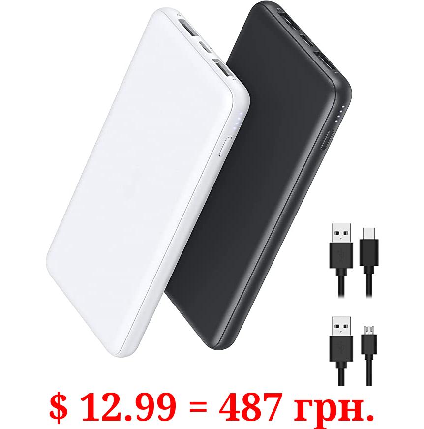 Portable Charger 2-Pack 10000mAh Power Bank High Capacity Power Bank Ultra Slim External Phone Battery Pack with Dual Input & Output for iPhone 12 Pro, Galaxy S10, Pixel 4, (Black + White)