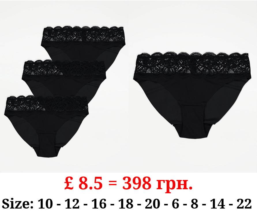 Black Lace Trim High Leg Briefs 3 Pack