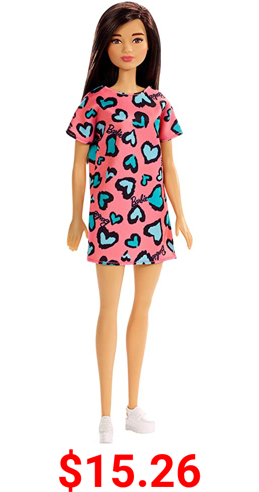 ​Barbie Doll, Brunette, Wearing Pink and Blue Heart-Print Dress and Platform Sneakers, for 3 to 7 Year Olds (GHW46)