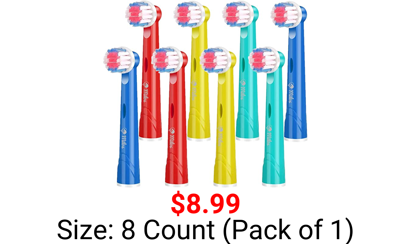 Milos Replacement Toothbrush Heads for Kids - Pack of 8 Oral B and Braun Compatible Replacements