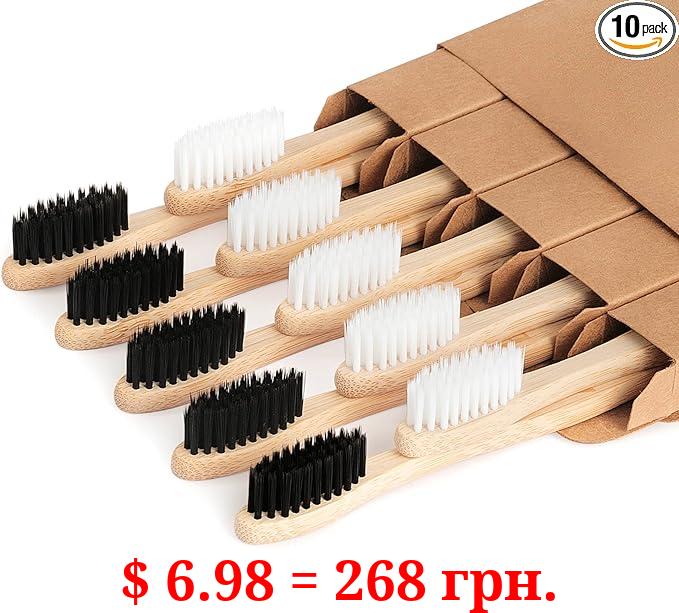 NUDUKO Biodegradable Bamboo Toothbrushes, 10 Piece BPA Free Soft Bristles Toothbrushes, Natural, Eco-Friendly, Green and Compostable