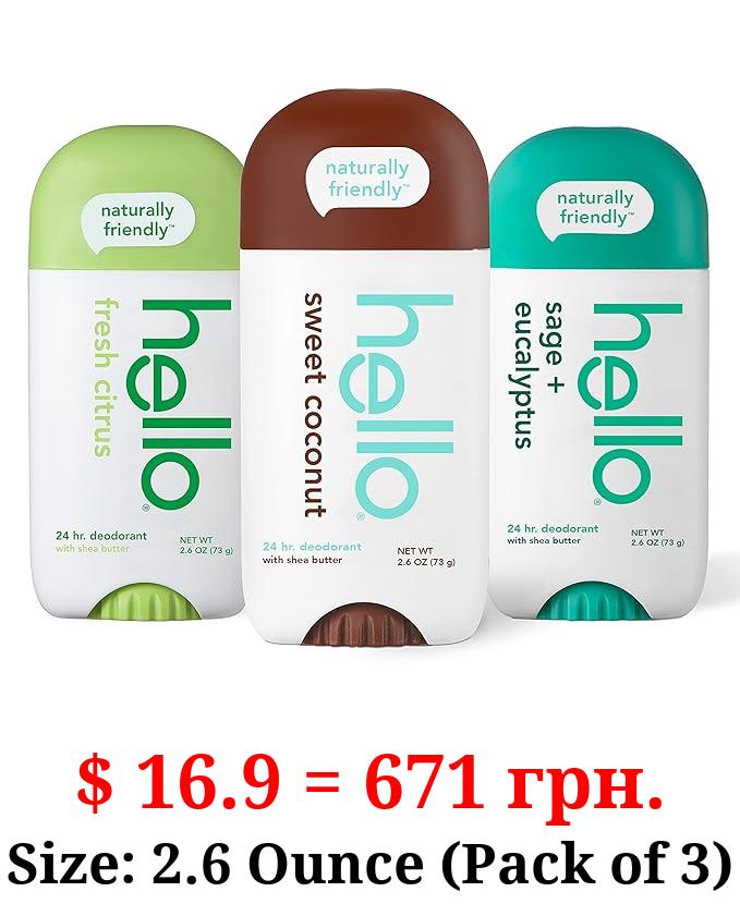 hello Deodorant Variety Pack (Sweet Coconut, Fresh Citrus, White Sage) for Women + Men, Aluminum Free, Baking Soda Free, Parabens Free, 24 Hour Odor Protection, 2.6 Ounce, 3 Pack