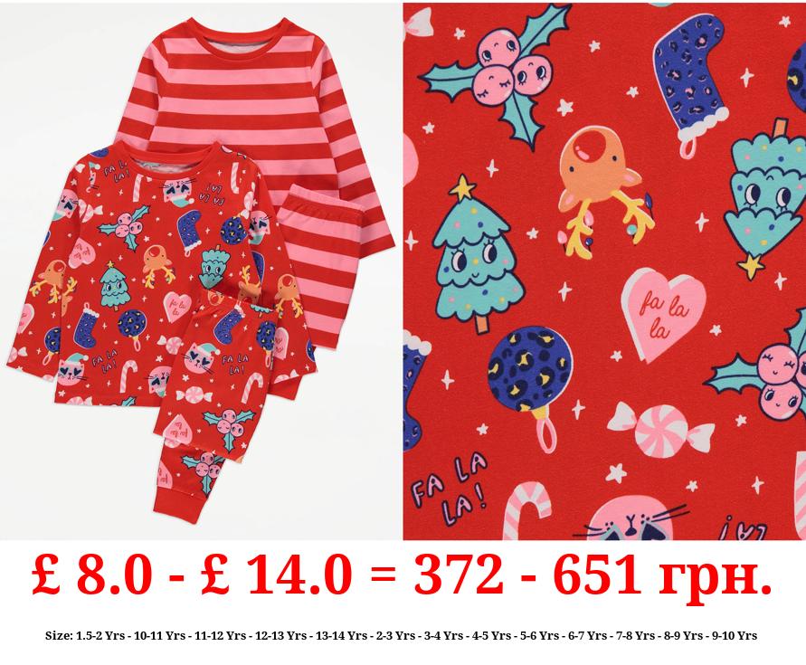 Fun Christmas Striped Pyjamas 2 Pack