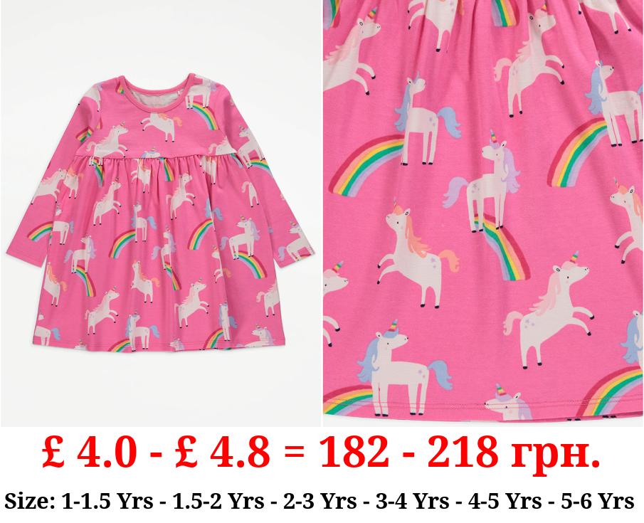 Pink Unicorn Rainbow Print Long Sleeve Dress