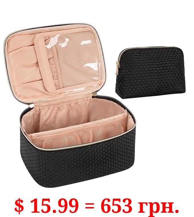 OCHEAL Makeup Bag Set of 2, Large Makeup Bag Organizer & Small Cosmetic Bag Multifunctional Make Up Bags Cosmetics Toiletry Brushes Storage Pouch for Women Girls Makeup Case -Black Braided