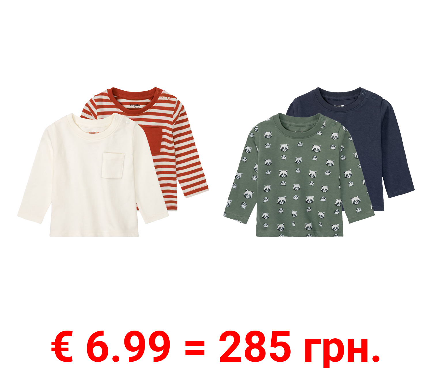 lupilu® Baby Jungen Langarmshirts, 2 Stück, aus reiner Bio-Baumwolle