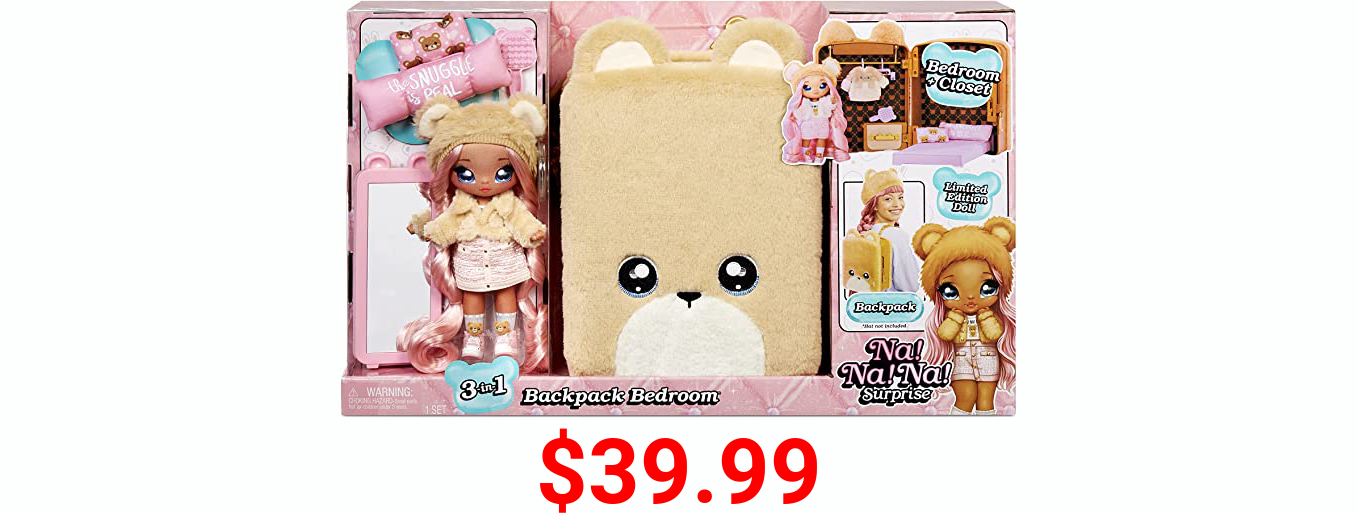 MGA Entertainment Na! Na! Na! Surprise 3-in-1 Backpack Bedroom Playset Sarah Snuggles in Exclusive Outfit | Fuzzy Teddy Bear Bag, Real Mirror, Closet with Drawer, Pillows, Blanket | Kids Ages 5+