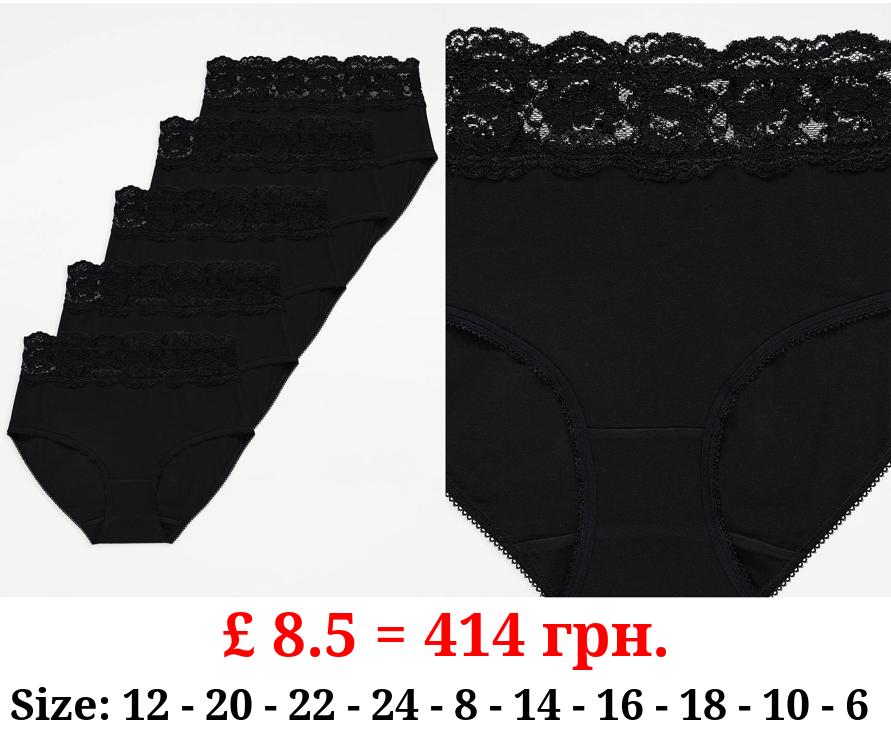 Black Lace Top Full Brief Knickers 5 Pack