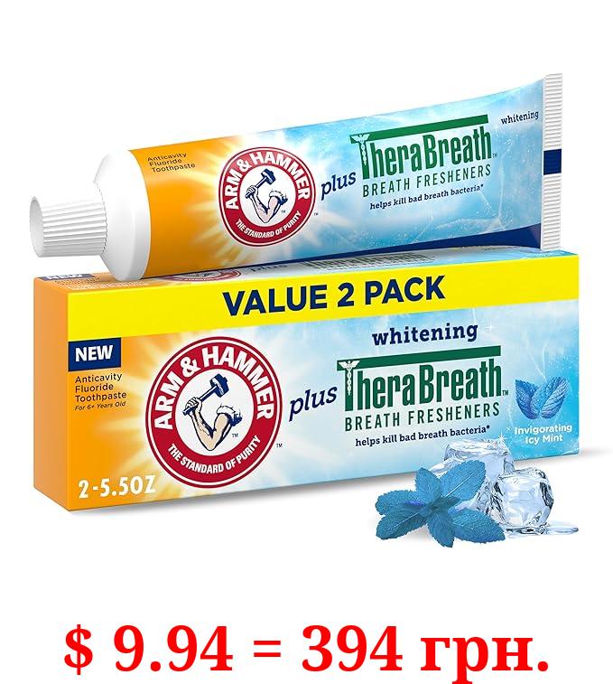 ARM & HAMMER Toothpaste Plus TheraBreath Breath Fresheners, Invigorating ICY Mint Flavor, Whitening Anticavity Fluoride Toothpaste for Bad Breath, 5.5 Oz (Pack of 2)