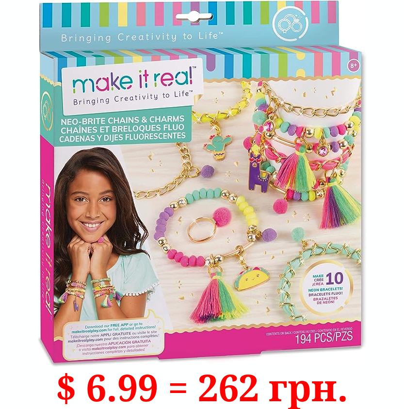 Make It Real: Neo-Brite Chains & Charms Kit - Create 10 Unique Cord & Tassel Charm Bracelets, 195 Pieces, Includes Play Tray,DIY Playful Charm & Jewelry Kit, Tweens & Girls, Arts & Crafts, Ages 8+