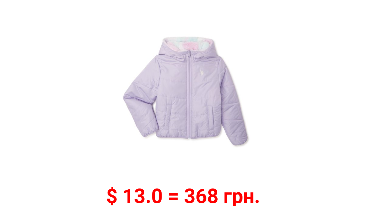 U.S. Polo Assn. Girls’ Hooded Puffer Jacket with Tie-Dye Faux Fur Lining, Sizes 4-16