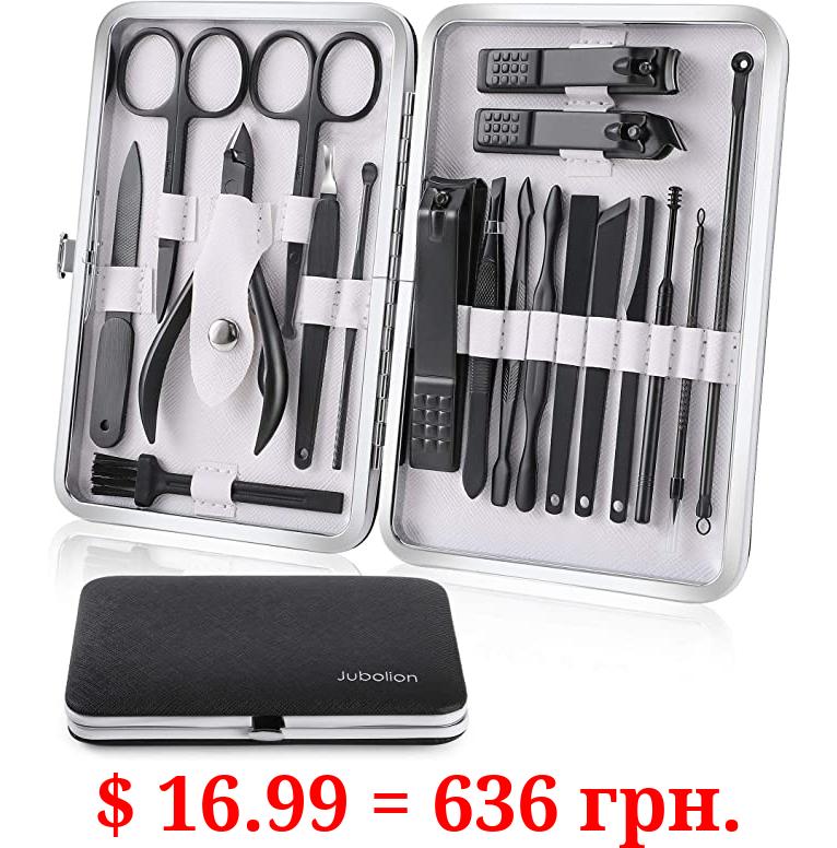 Manicure Set, Jubolion 19pcs Stainless Steel Professional Nail Clippers Pedicure Set with Black Leather Storage Case, Portable Grooming Kit for Travel or Home, Perfect Gifts for Women and Men (Black)