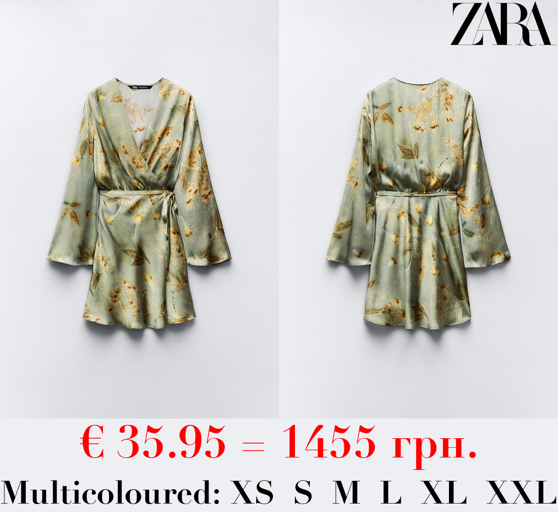 PRINTED SATIN WRAP DRESS