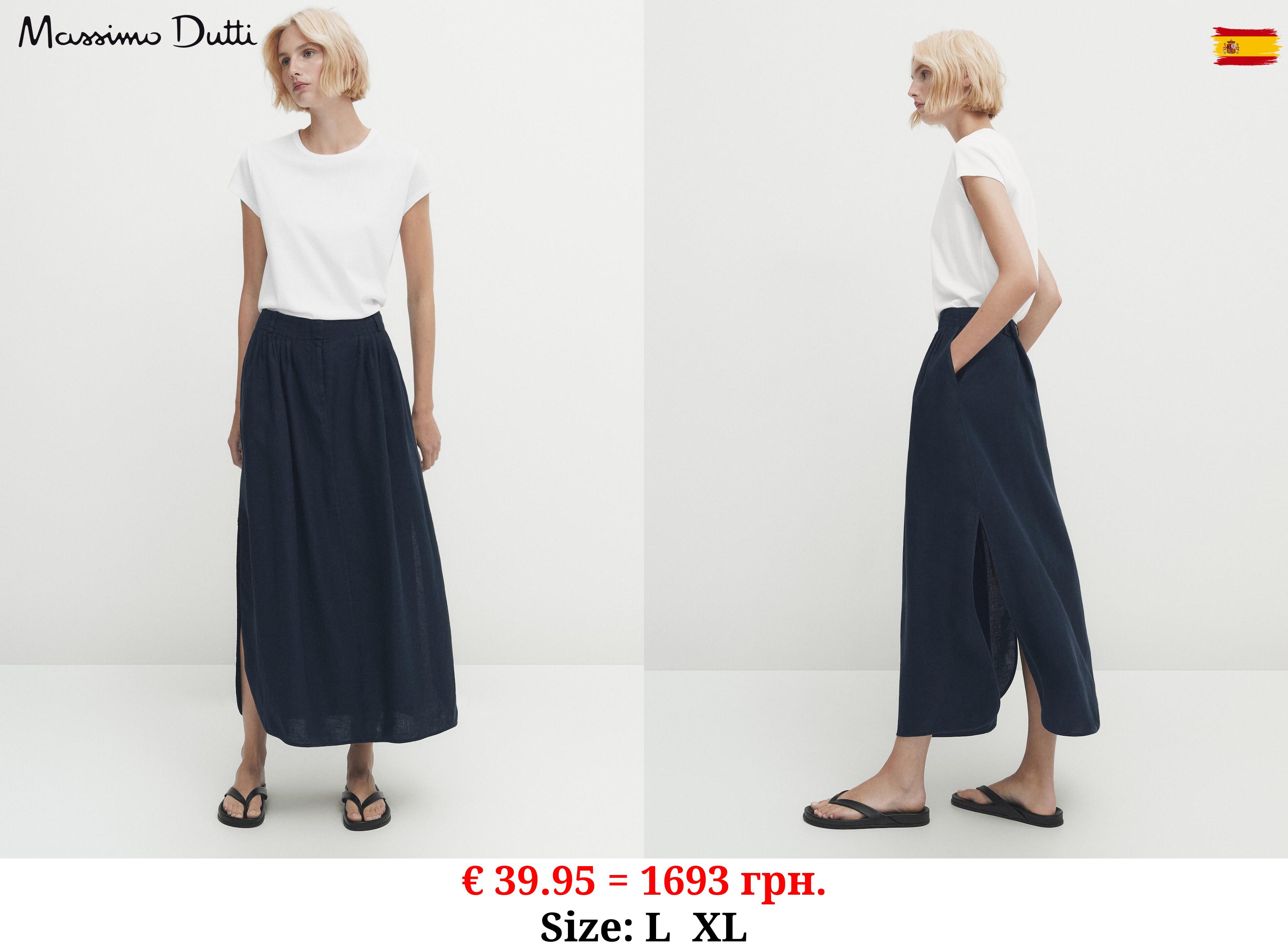 Linen midi skirt with micro darts NAVY BLUE