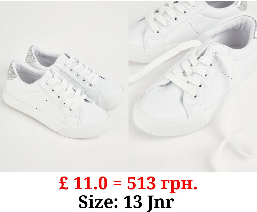 White Glitter Heel Lace Up Cupsole Trainers