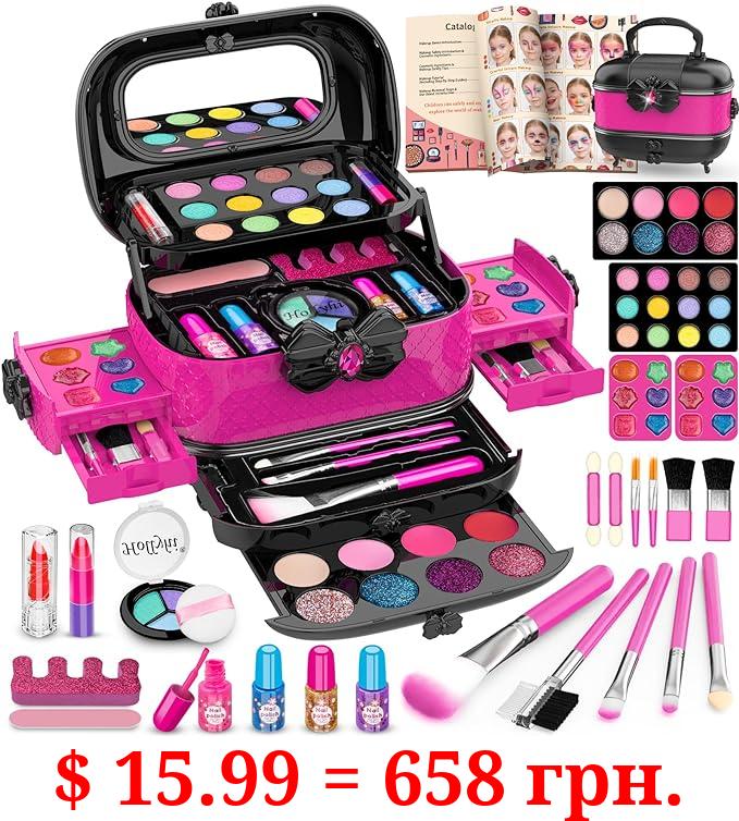 Hollyhi 58 Pcs Kids Makeup Kit for Girl, Princess Toys Real Washable Cosmetic Set with Mirror, Kids Makeup Sets for Girls, Play Make Up Birthday Gifts for 3 4 5 6 7 8 9 10 11 12 Years Old Kid(Rose)
