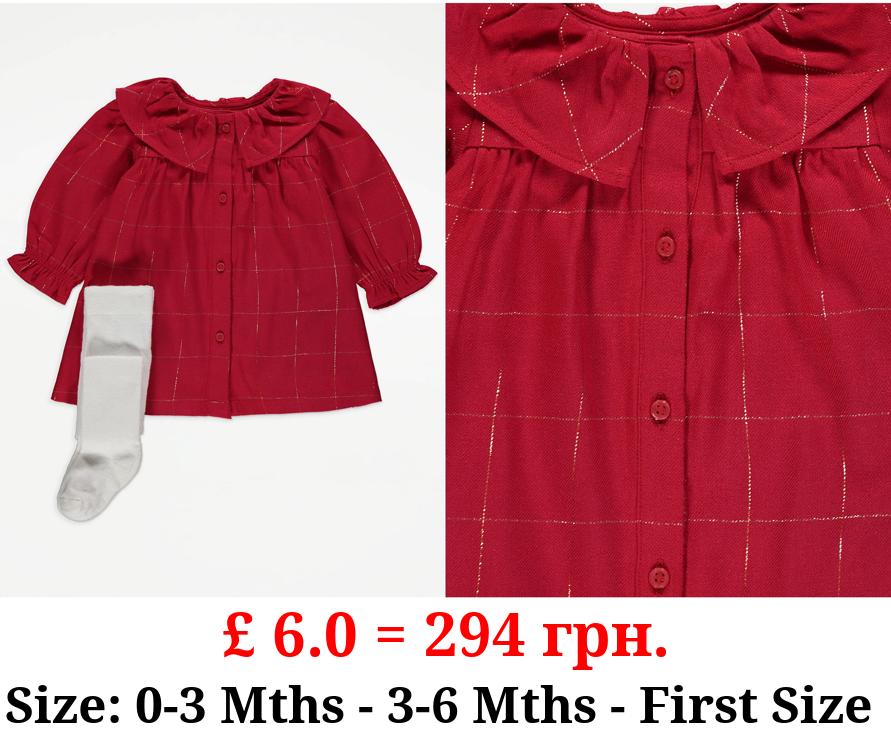 Red Gold Checked Dress and Tights Outfit