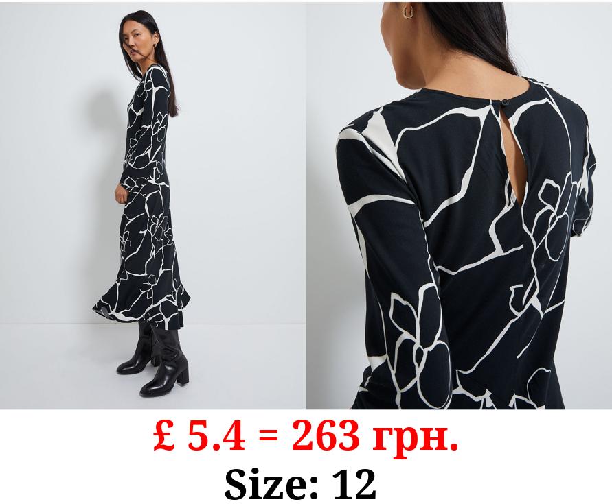 Black Floral Bias Cut Long Sleeve Midi Dress