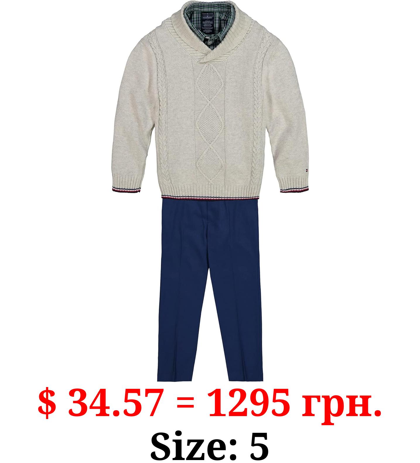 Tommy Hilfiger Boys' 3-Piece Pullover Sweater, Long Sleeve Dress Shirt, and Pants Set
