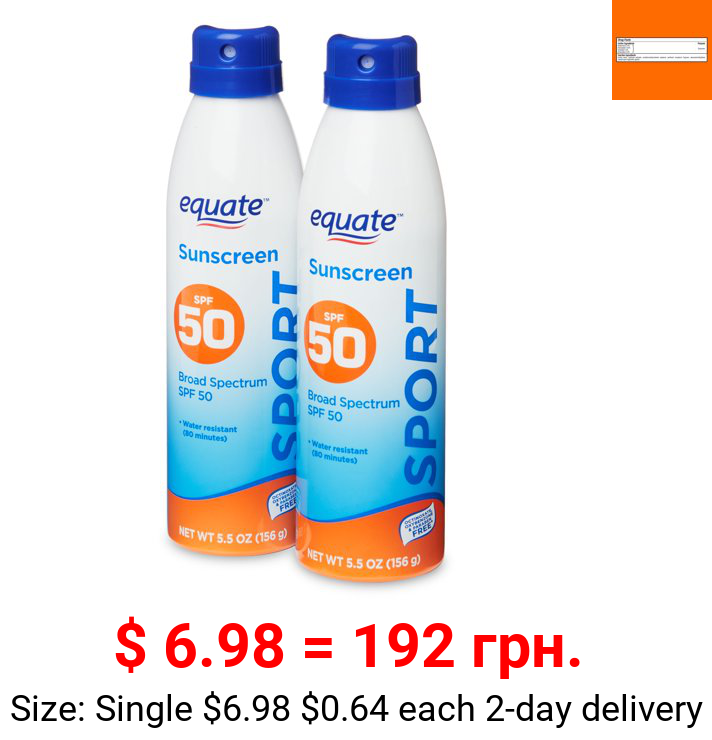 Equate Sport Broad Spectrum Sunscreen, SPF 50, Twin Pack