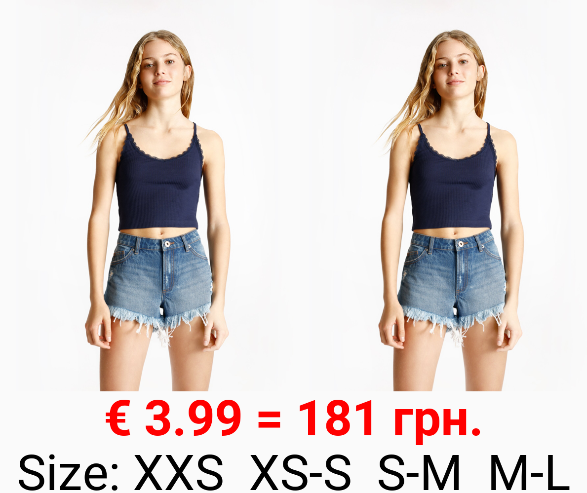 Denim shorts with frayed hems