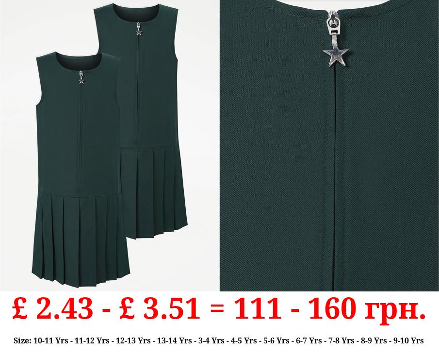 Girls Bottle Green Drop Waist Pleat School Pinafore Dress 2 Pack