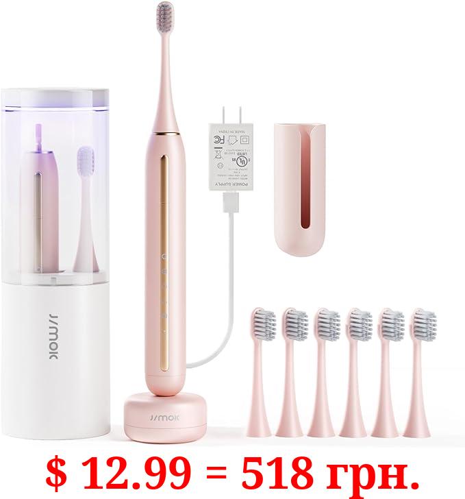 JIMOK Sonic Rechargeable Electric Toothbrushes for Adults with 6 Brush Heads & UV Travel Case,Teeth Whitening, Power Toothbrush with Holder, 4 Hours Charge for 90 Days(Pink)