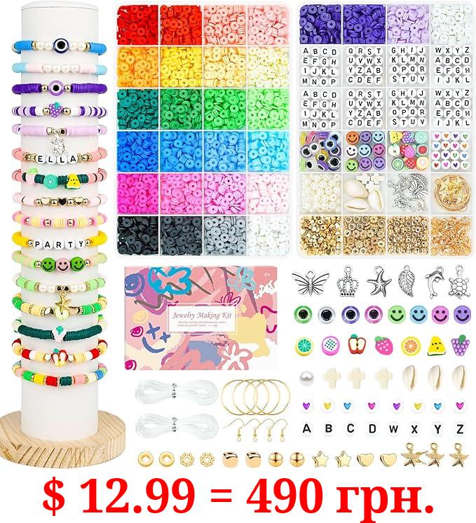 Velavior 6000 Pcs Clay Beads Bracelet Making Kit, 28 Colors Friendship Bracelets Polymer Heishi Beads Jewelry Making Kits with Charms Strings Crafts Gifts Toys Set for Kids Teen Girls