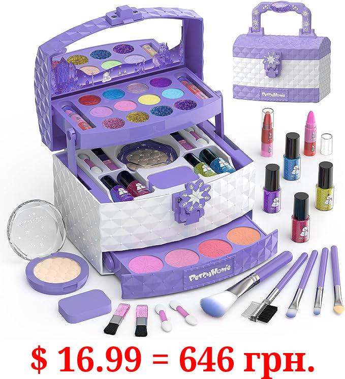 PERRYHOME Kids Makeup Kit for Girl 35 Pcs Washable Real Cosmetic, Safe & Non-Toxic Little Girl Makeup Set, Frozen Makeup Set for 3-12 Year Old Kids Toddler Girl Toys Christmas & Birthday Gift (Purple)