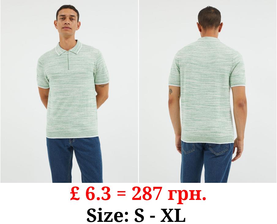 Green Short Sleeve Space Dye Knitted Polo Top