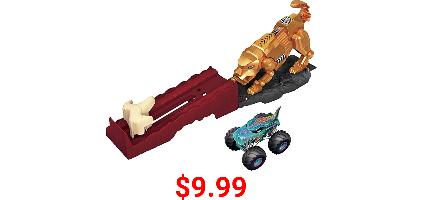 Hot Wheels Monster Trucks Sabretooth Showdown Hero Playset with 1:64 Scale Die-cast Mega Wrex Vehicle & Launcher, Gift for Kids Ages 3 to 8 Years Old