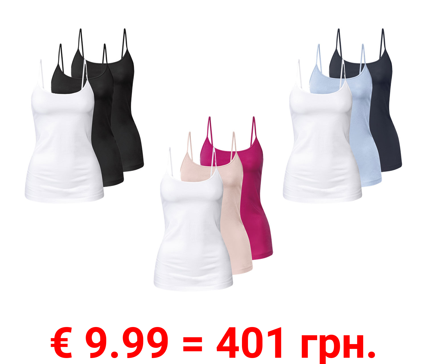 esmara® Damen Spaghettitops, 3 Stück, hoher Baumwollanteil