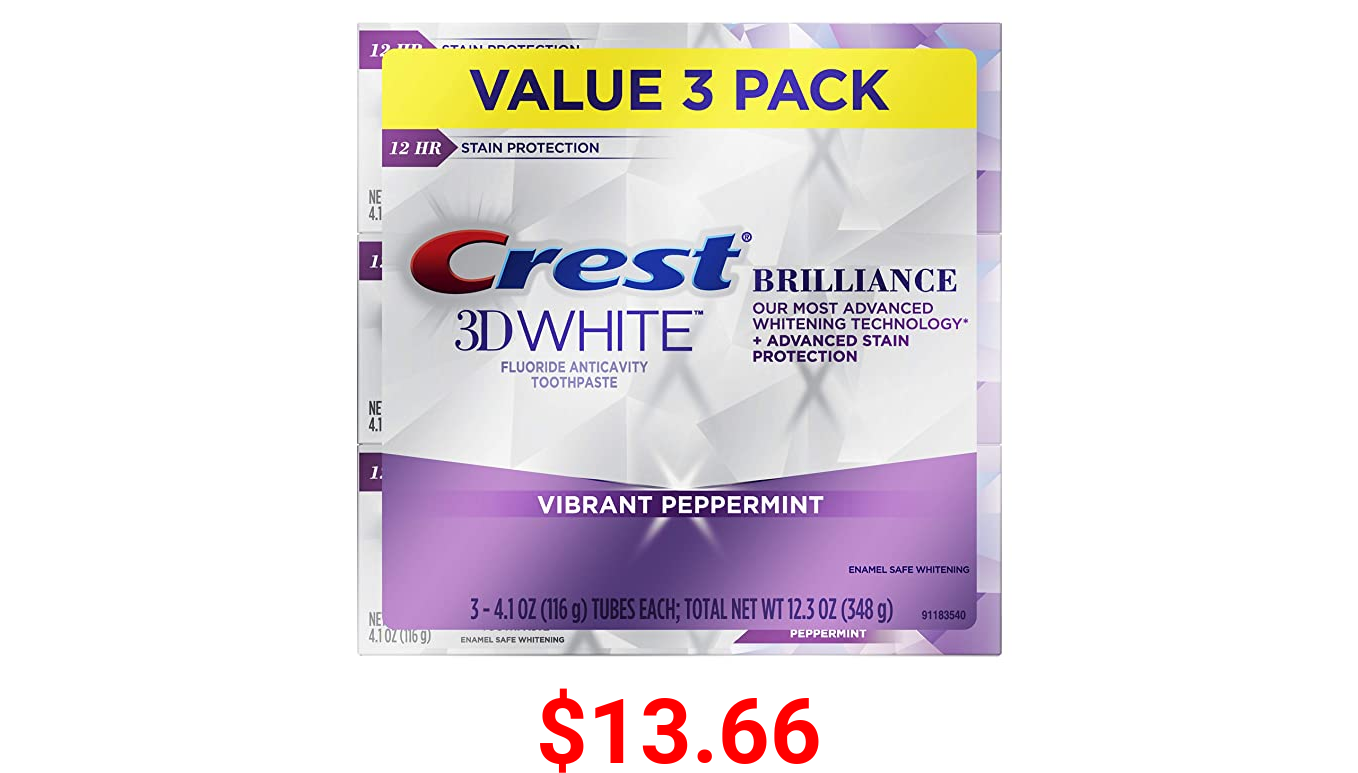 Crest 3D White Brilliance Vibrant Peppermint Teeth Whitening Toothpaste, 4.1 oz, Pack of 3 (Packaging May Vary)