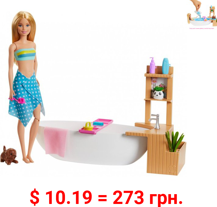 Barbie Fizzy Bath Doll &, Blonde, With Tub, Puppy & More Doll Playset