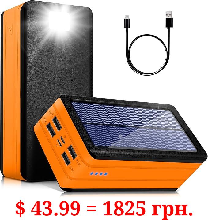 Solar Power Bank 50000mAh, Portable Solar Phone Charger with Flashlight, 4 Output Ports, 2 Input Ports, Solar Battery Bank Compatible with iPhone for Camping, Hiking, Trips