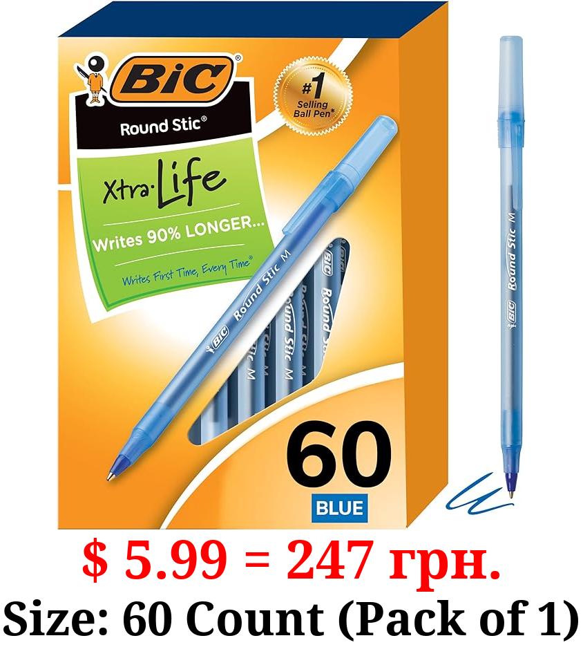 BIC Round Stic Xtra Life Blue Ballpoint Pens, Medium Point (1.0mm), 60-Count Pack of Bulk Pens, Flexible Round Barrel for Writing Comfort, No. 1 Selling Ballpoint Pens